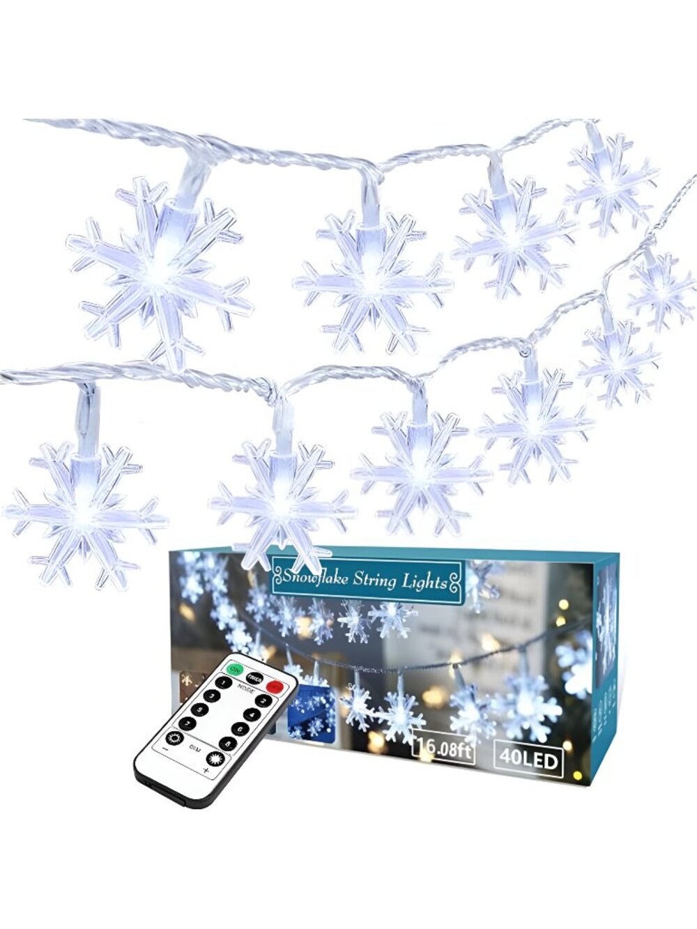 Snowflake Christmas Lights, 16.08ft 40 LED with Remote, Snowflake String Lights